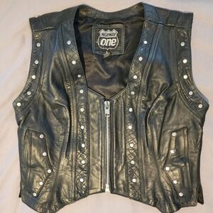 Highway One Black Leather Motorcycle Vest Studded Fringe Biker Ladies Large
